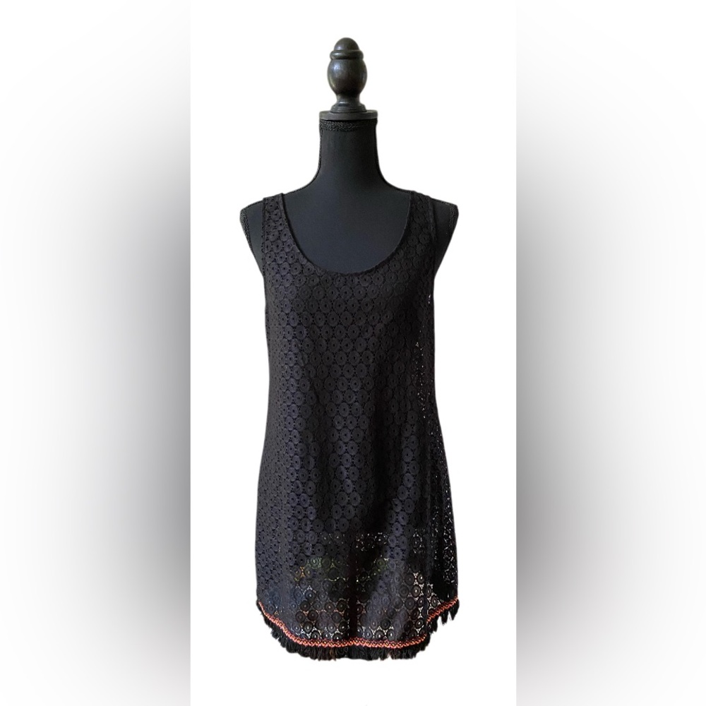 Xhilaration Black Lace Cover Up Top with Fringed Trim and Plunging Back with Tie
